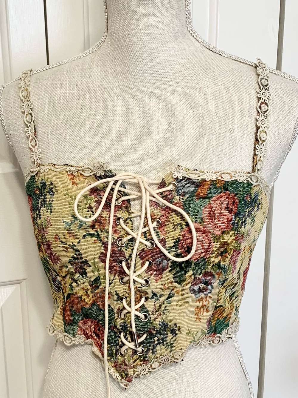 Corset Lace Up Renaissance Jacquard Tapestry Floral Crop Top Small - 6 - NEW